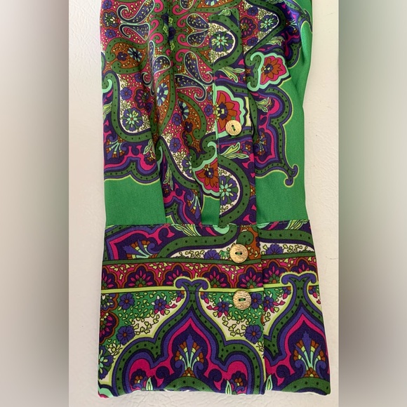 Zara Long Sleeve Button Up Collared Oversized Blouse Green w/ Print Large - Picture 5 of 16